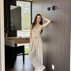 High-Waisted Loose Off-White Wide-Leg Pants for Women - Spring/Summer Floor-Length Draped Trousers in Light Fabric