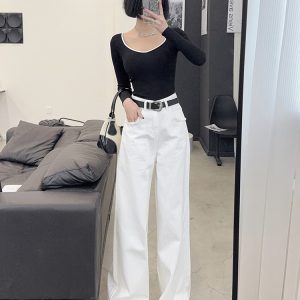 High-Waisted Loose Straight Wide-Leg White Jeans for Tall Women - Light Fabric Casual Pants for Spring and Autumn