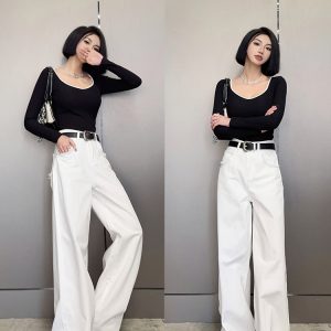 High-Waisted Loose Straight Wide-Leg White Jeans for Tall Women - Light Fabric Casual Pants for Spring and Autumn