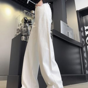 High-Waisted Loose Straight Wide-Leg White Jeans for Tall Women - Light Fabric Casual Pants for Spring and Autumn