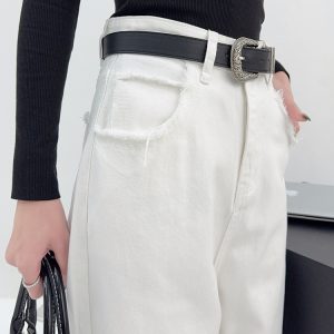 High-Waisted Loose Straight Wide-Leg White Jeans for Tall Women - Light Fabric Casual Pants for Spring and Autumn