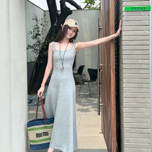 High-Waisted Navy Blue Fitted Cotton Long Skirt - Lightweight French Style Women's Summer Dress