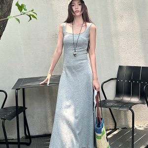 High-Waisted Navy Blue Fitted Cotton Long Skirt - Lightweight French Style Women's Summer Dress