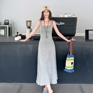 High-Waisted Navy Blue Fitted Cotton Long Skirt - Lightweight French Style Women's Summer Dress