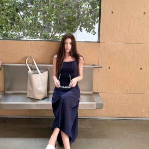 High-Waisted Navy Blue Fitted Cotton Long Skirt - Lightweight French Style Women's Summer Dress