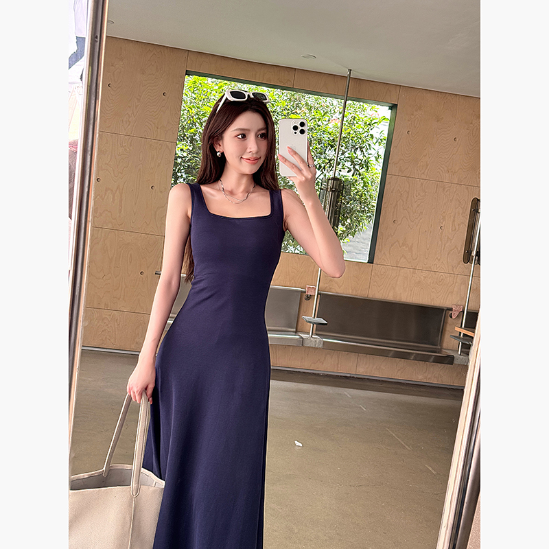 High-Waisted Navy Blue Fitted Cotton Long Skirt - Lightweight French Style Women's Summer Dress