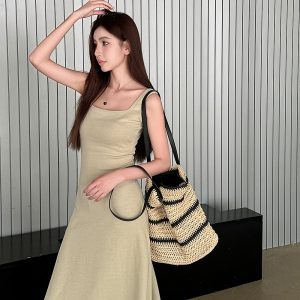 High-Waisted Navy Blue Fitted Cotton Long Skirt - Lightweight French Style Women's Summer Dress