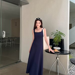 High-Waisted Navy Blue Fitted Cotton Long Skirt - Lightweight French Style Women's Summer Dress