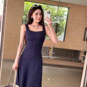 High-Waisted Navy Blue Fitted Cotton Long Skirt - Lightweight French Style Women's Summer Dress