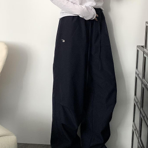 High-Waisted Navy Blue Relaxed Straight-Leg Work Pants for Women, Loose Fit Wide-Leg Sports Casual Trousers for Spring and Autumn