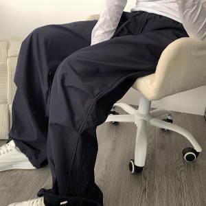 High-Waisted Navy Blue Relaxed Straight-Leg Work Pants for Women, Loose Fit Wide-Leg Sports Casual Trousers for Spring and Autumn