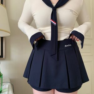 High-Waisted Navy Blue Skirt Pants, Retro American Haipai Academy Style, Slightly Chubby Fit, Trendy Y2K Fashion