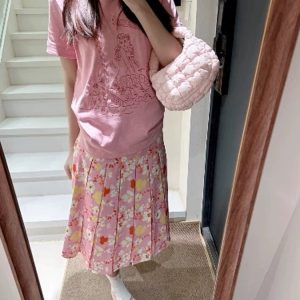 High-Waisted Pink Floral Midi Skirt for Women - Retro A-Line Pleated Style, Versatile and Flattering for 90s and Y2K Fashion