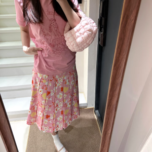 High-Waisted Pink Floral Midi Skirt for Women - Retro A-Line Pleated Style, Versatile and Flattering for 90s and Y2K Fashion