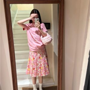 High-Waisted Pink Floral Midi Skirt for Women - Retro A-Line Pleated Style, Versatile and Flattering for 90s and Y2K Fashion