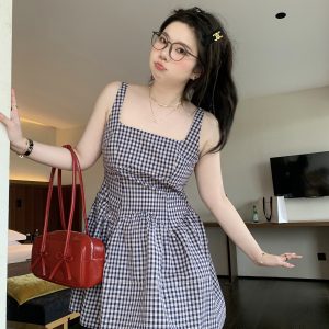 High-Waisted Plaid Dress with Backless Bow, French Vintage Romantic Style, Carefree Fit, Perfect for 90s and Y2K Fashion Lovers