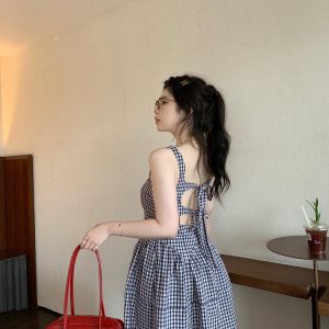 High-Waisted Plaid Dress with Backless Bow, French Vintage Romantic Style, Carefree Fit, Perfect for 90s and Y2K Fashion Lovers