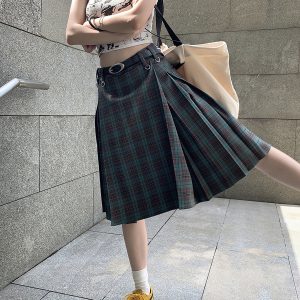 High-Waisted Plaid Midi Skirt for Women, Plus Size A-Line Pleated Umbrella Skirt for Autumn and Winter Fashion