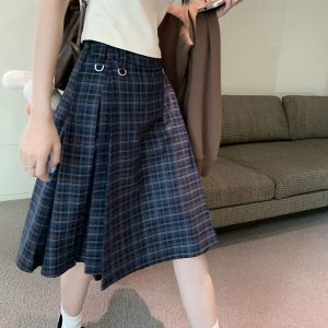 High-Waisted Plaid Midi Skirt for Women, Plus Size A-Line Pleated Umbrella Skirt for Autumn and Winter Fashion