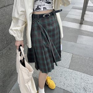 High-Waisted Plaid Midi Skirt for Women, Plus Size A-Line Pleated Umbrella Skirt for Autumn and Winter Fashion