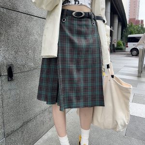 High-Waisted Plaid Midi Skirt for Women, Plus Size A-Line Pleated Umbrella Skirt for Autumn and Winter Fashion