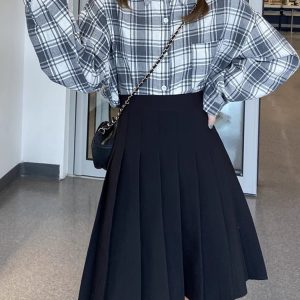 High-Waisted Pleated A-Line Skirt for Women - Mid-Length Plus Size, Flattering Curvy Fit, Spring Summer Fashion, Student-Friendly