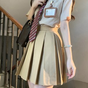 High-Waisted Pleated JK Uniform Skirt - Plaid and Solid Color Basic Style, Authentic Pudding Bear Inspired Design