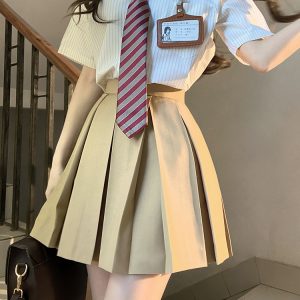 High-Waisted Pleated JK Uniform Skirt - Plaid and Solid Color Basic Style, Authentic Pudding Bear Inspired Design