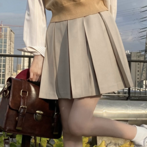 High-Waisted Pleated JK Uniform Skirt - Plaid and Solid Color Basic Style, Authentic Pudding Bear Inspired Design