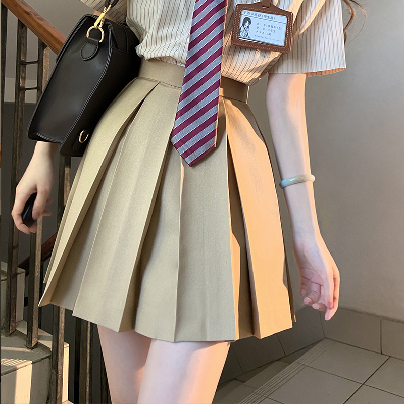 High-Waisted Pleated JK Uniform Skirt in Plaid - Solid Color Basic Style, Authentic 90s-Inspired Pudding Bear Aesthetic