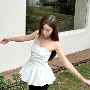 High-Waisted Pleated Slim-Fit Strapless Tank Top with Floral Skirt Hem - Lightweight Summer Style