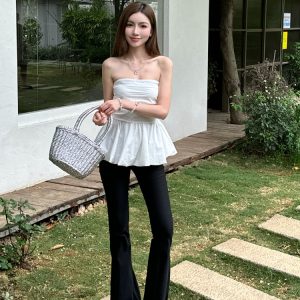 High-Waisted Pleated Slim-Fit Strapless Tank Top with Floral Skirt Hem - Lightweight Summer Style