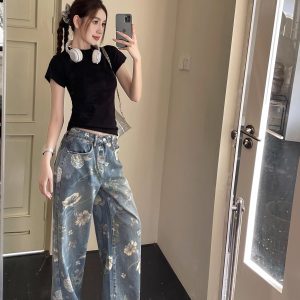 High-Waisted Retro Printed Wide-Leg Jeans for Women - Lightweight Draped Floor-Length Pants for Tall Individuals