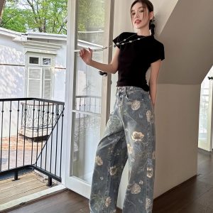 High-Waisted Retro Printed Wide-Leg Jeans for Women - Lightweight Draped Floor-Length Pants for Tall Individuals