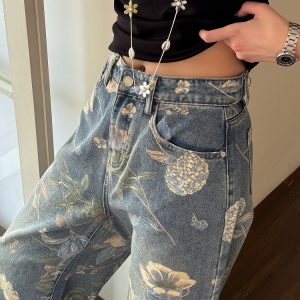 High-Waisted Retro Printed Wide-Leg Jeans for Women - Lightweight Draped Floor-Length Pants for Tall Individuals