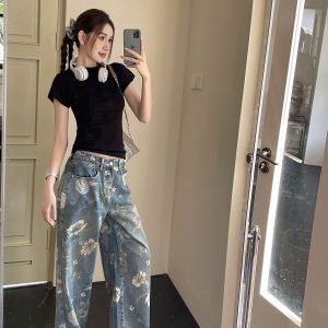 High-Waisted Retro Printed Wide-Leg Jeans for Women - Lightweight Draped Floor-Length Pants for Tall Individuals