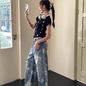 High-Waisted Retro Printed Wide-Leg Jeans for Women - Lightweight Draped Floor-Length Pants for Tall Individuals