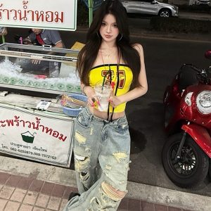 High-Waisted Ripped Jeans for Women - Summer Slim Fit Wide-Leg Pants - Trendy 90s Style Hot Girl Fashion