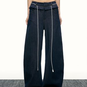 High-Waisted Ruffled Wide-Leg Floor-Length Jeans for Women - Deep Blue Washed Summer Style, Trendy Y2K Fashion