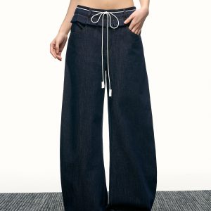High-Waisted Ruffled Wide-Leg Floor-Length Jeans for Women - Deep Blue Washed Summer Style, Trendy Y2K Fashion