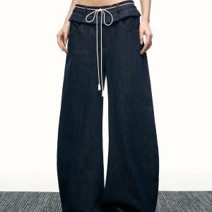 High-Waisted Ruffled Wide-Leg Floor-Length Jeans for Women - Deep Blue Washed Summer Style, Trendy Y2K Fashion