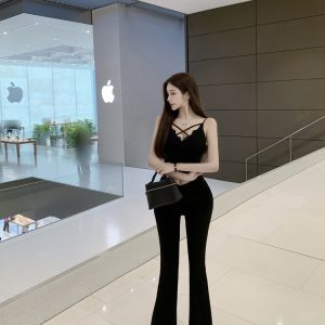 High-Waisted Slim Black Floor-Length V-Waist Slightly Flared Pants for Women - Trendy Y2K Style Trousers