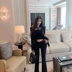 High-Waisted Slim Black Floor-Length V-Waist Slightly Flared Pants for Women - Trendy Y2K Style Trousers