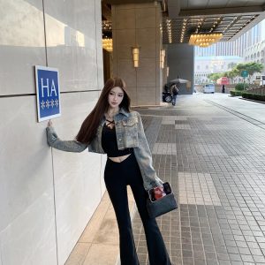 High-Waisted Slim Black Floor-Length V-Waist Slightly Flared Pants for Women - Trendy Y2K Style Trousers