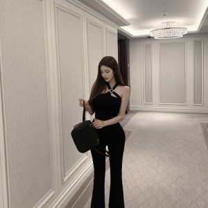 High-Waisted Slim Black Floor-Length V-Waist Slightly Flared Pants for Women - Trendy Y2K Style Trousers