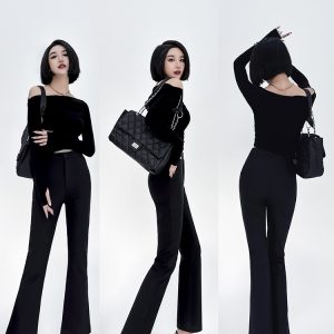 High-Waisted Slim Black Nine-Point Trousers for Women - Lightweight Flared Pants in Korean Style for Spring, Autumn, and Summer