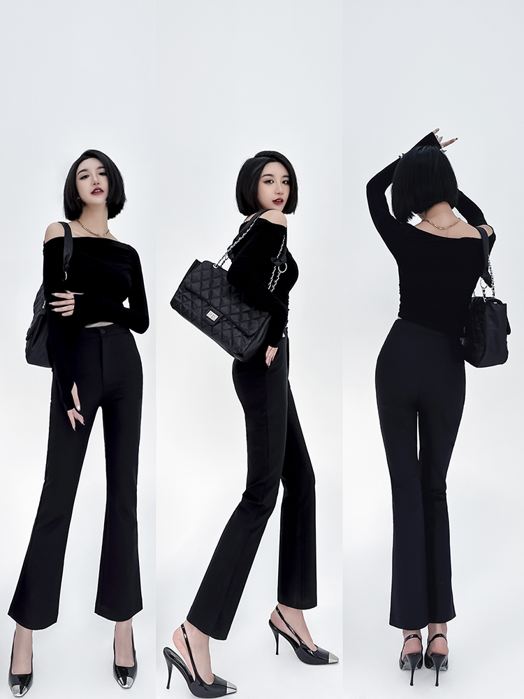 High-Waisted Slim Black Nine-Point Trousers for Women - Lightweight Flared Pants in Korean Style for Spring, Autumn, and Summer High-Waisted Slim Black Nine-Point Trousers for Women - Lightweight Flared Pants in Korean Style for Spring, Autumn, and Summer