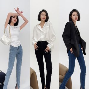 High-Waisted Slim-Fit Stretchy Skinny Jeans with Side Slits for Women - Lightweight Fabric, Perfect for Autumn and Spring