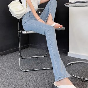 High-Waisted Slim-Fit Stretchy Skinny Jeans with Side Slits for Women - Lightweight Fabric, Perfect for Autumn and Spring