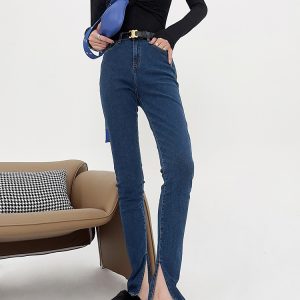 High-Waisted Slim-Fit Stretchy Skinny Jeans with Side Slits for Women - Lightweight Fabric, Perfect for Autumn and Spring